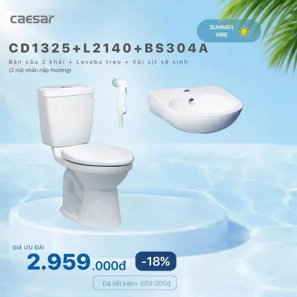 Bàn Cầu 2 Khối + Lavabo Treo Tường + Vòi Xịt Nhựa - CD1325 + L2140 + BS304A