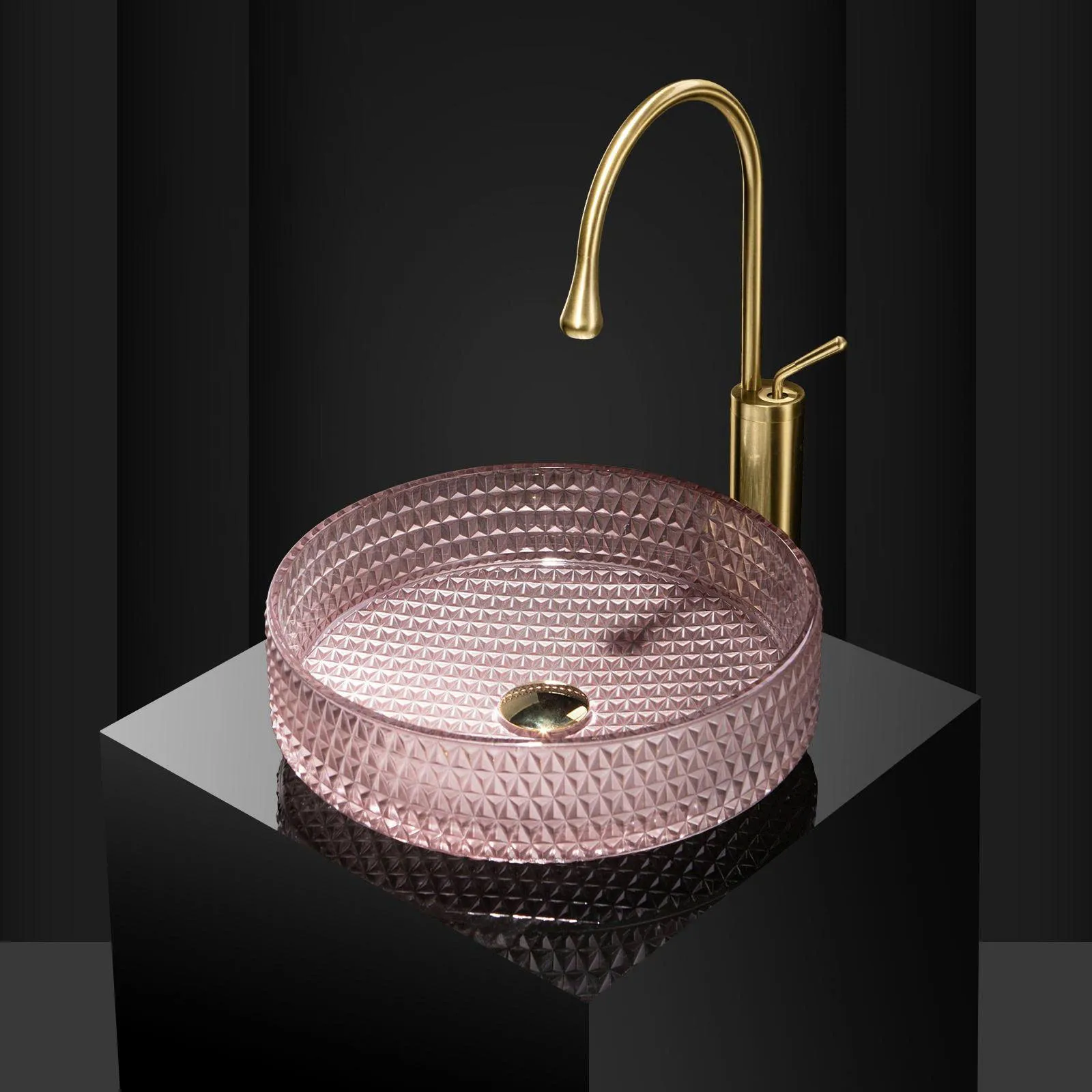 Chậu lavabo đặt bàn pha lê tròn màu hồng CPL01P