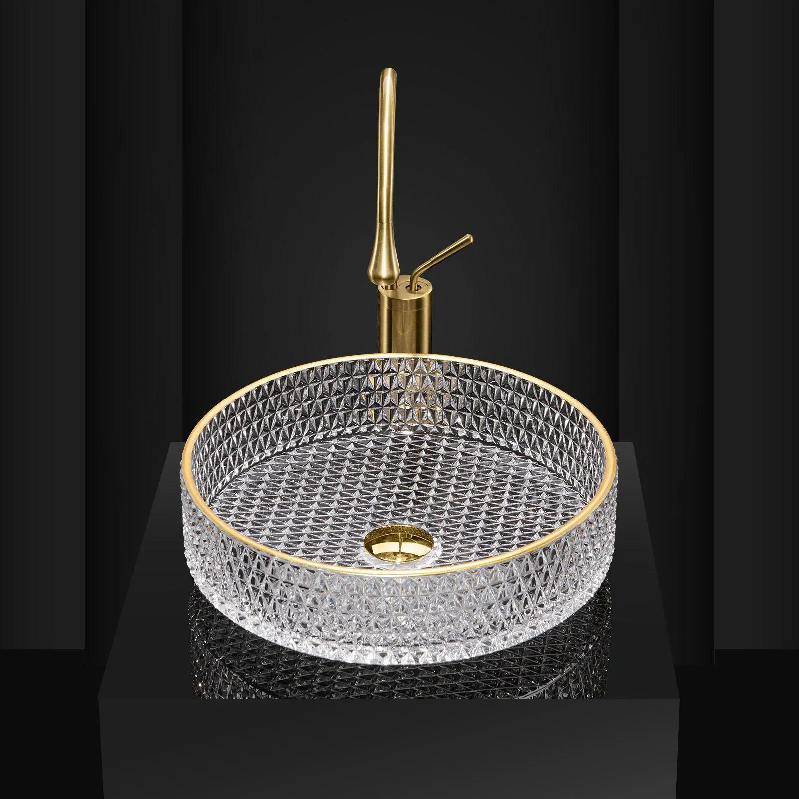 Chậu lavabo đặt bàn pha lê tròn màu trắng viền vàng CPL01W
