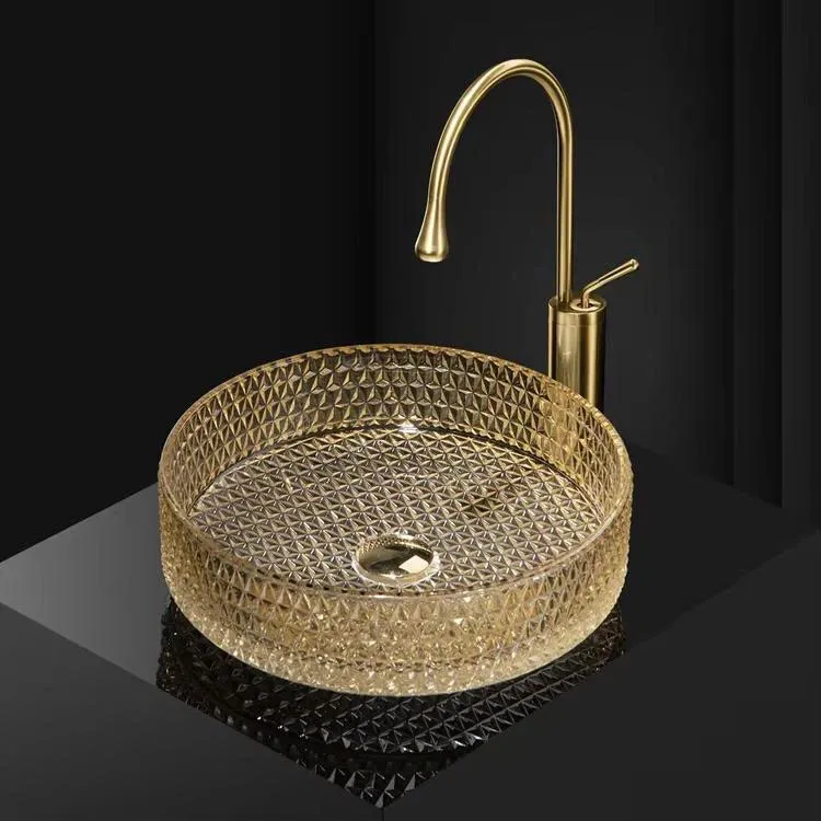 Chậu lavabo đặt bàn pha lê tròn màu vàng CPL01G