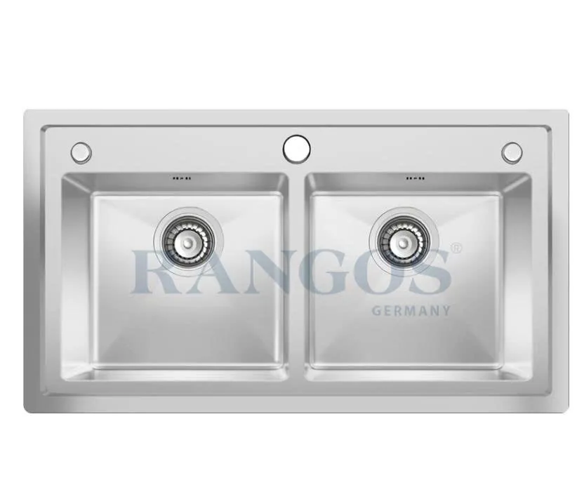 CHẬU RỬA BÁT HANDMADE 2 HỐ CÂN CÓ GIẬT CẤP RGS-8648C-GC