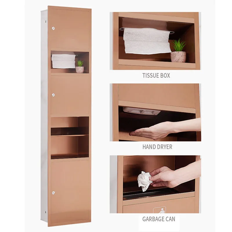 Hộp giấy , máy sấy tay , thùng rác âm tường Inox 304 màu vàng hồng KNA01RG